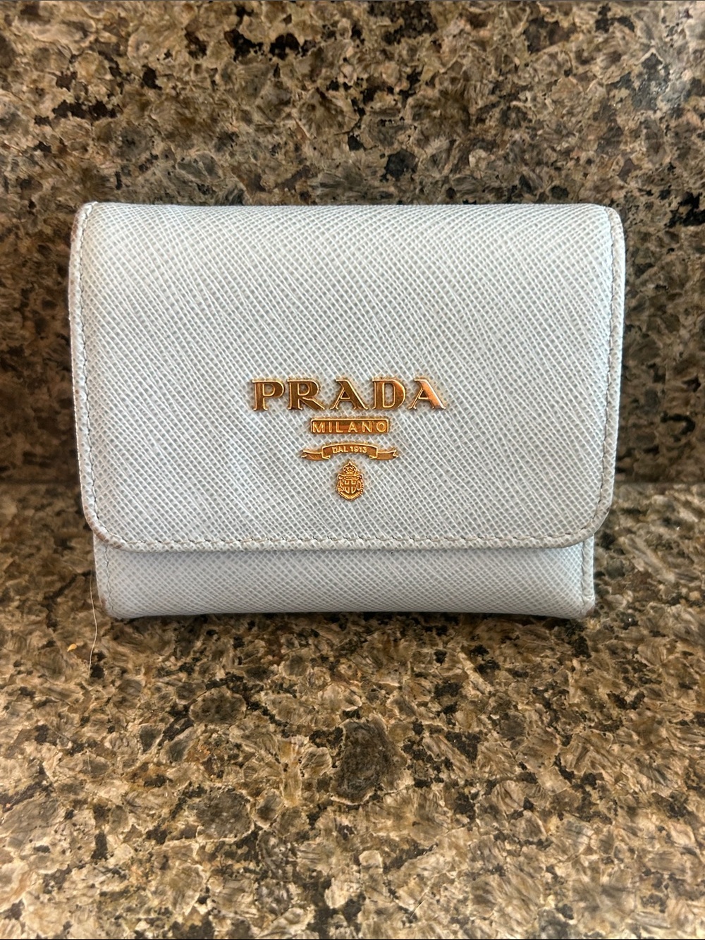 Prada light blue Saffiano leather  limited edition small compact trifold wallet